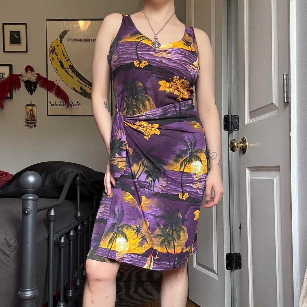 90s Vintage Mesh Tropical Print Sarong Dress